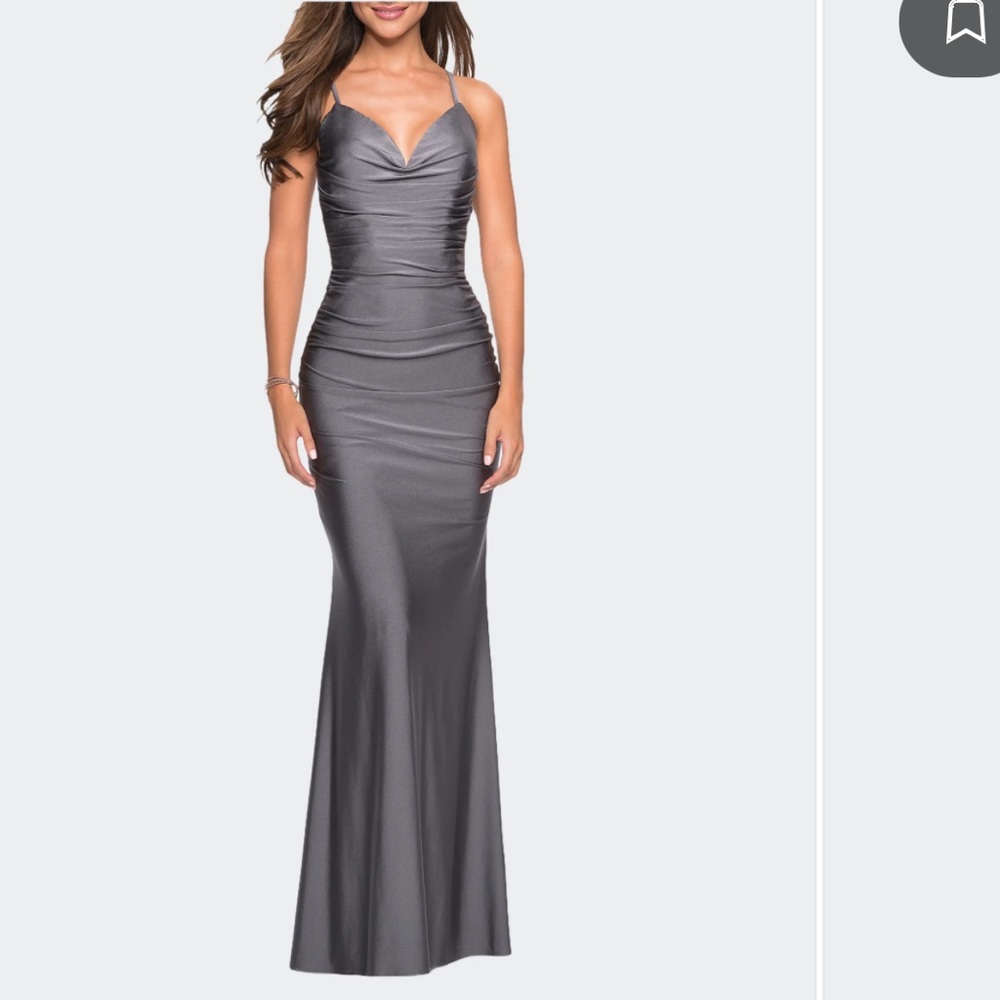 La Femme Strappy Back Ruched Trumpet Gown in Gunmetal - Size 4